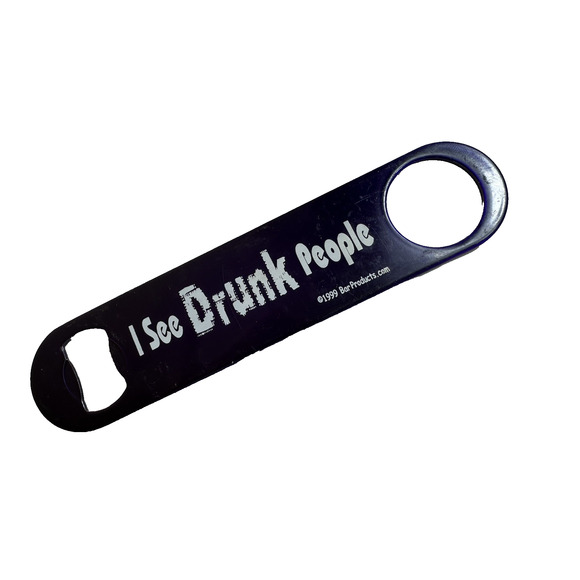 Flat Bottle Opener/ Bar Key I see Drunk People 1999 Purple Steel Metal Bar Beer - Picture 1 of 5